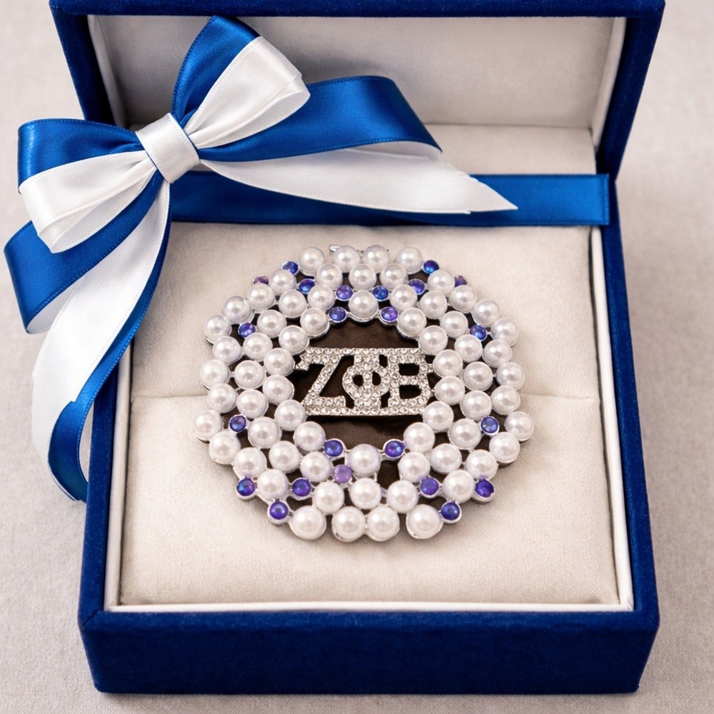 Zeta Phi Beta Brooch with Logo Blue Rhinestones and White‎ Pearls